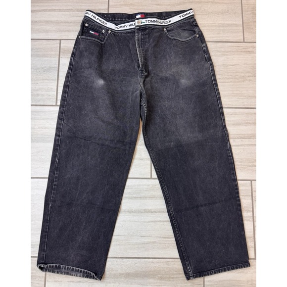Vintage 90s Tommy Hilfiger Jeans Men 40x32 Baggy Denim Black Spell Out Waistband